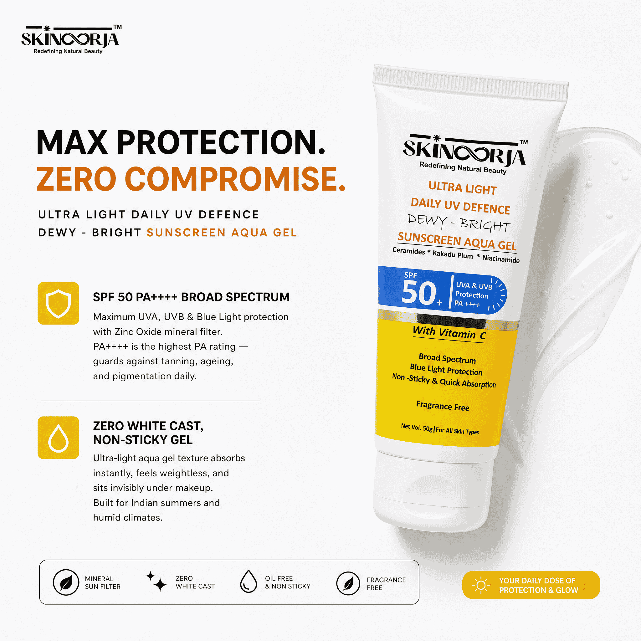 Ultra Light Daily UV Defence Sunscreen Aqua Gel SPF 50 PA++++ | Broad Spectrum UVA/UVB + Blue Light Protection